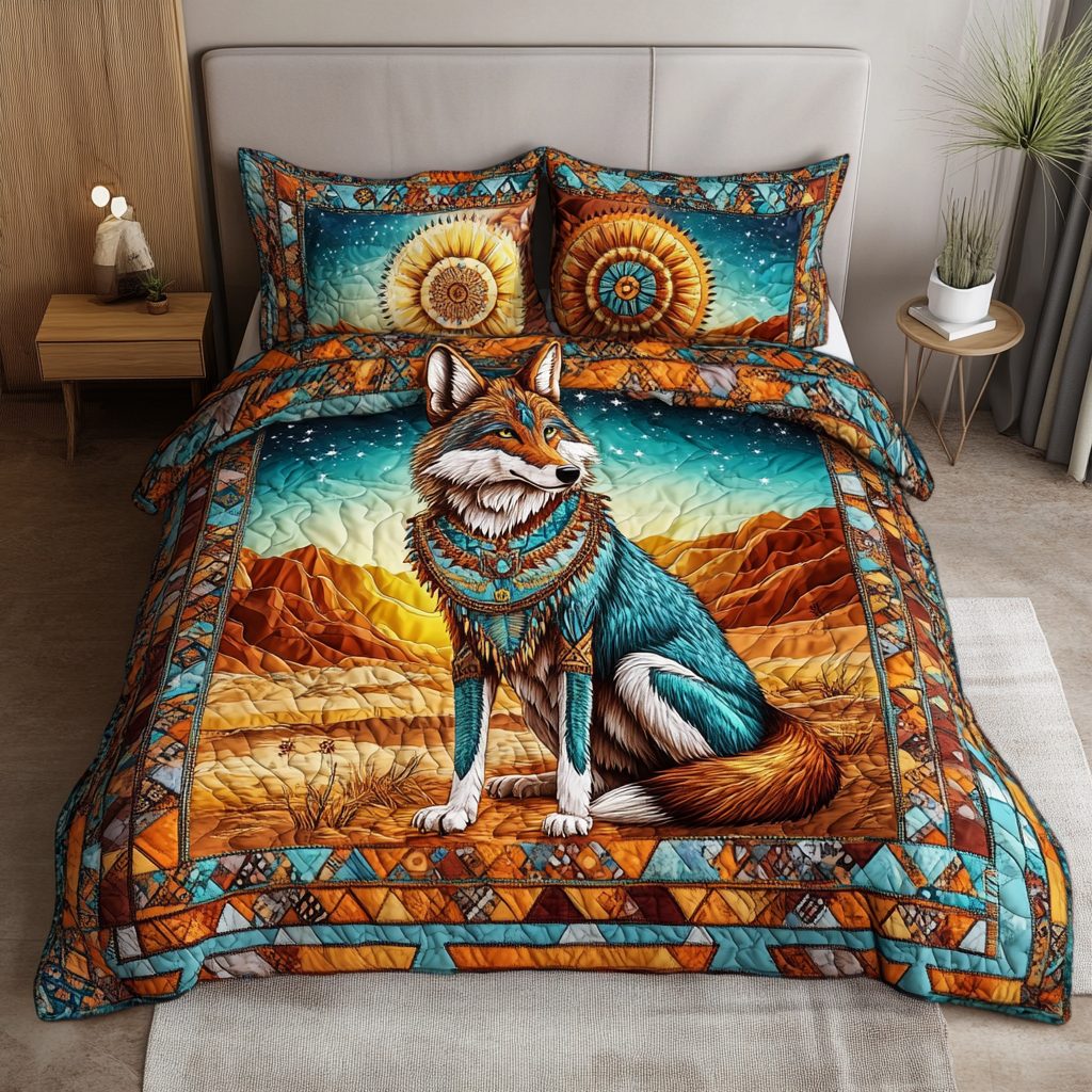 Wild Trail quilted 3-piece bedding set on a made bed with two matching pillow shams