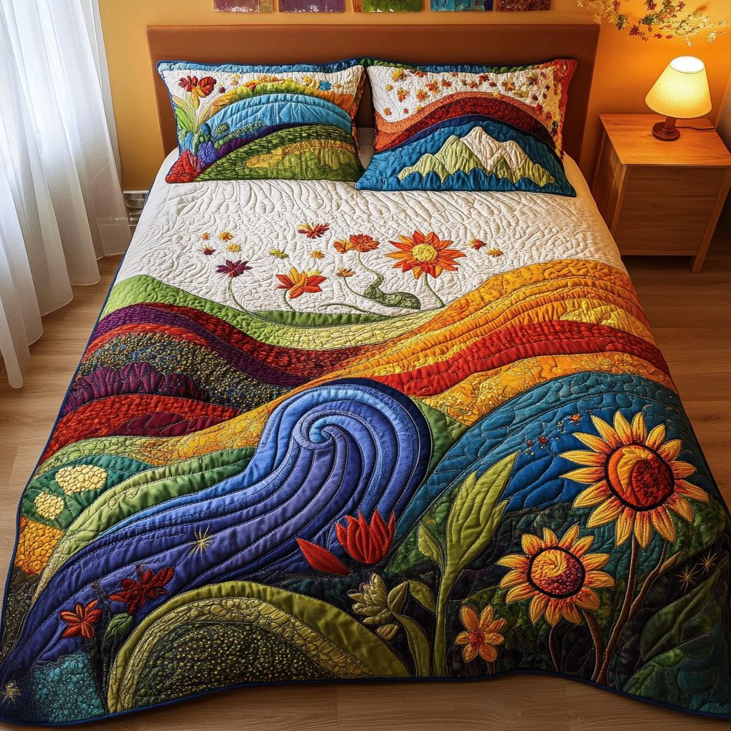 Wild Waves quilted 3-piece bedding set on a made bed in a light coastal bedroom