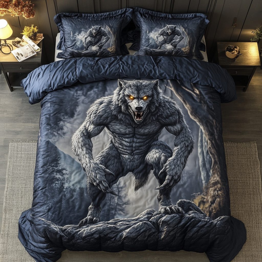 Wild Werewolf quilted 3-piece bedding set on a made bed with two matching pillow shams
