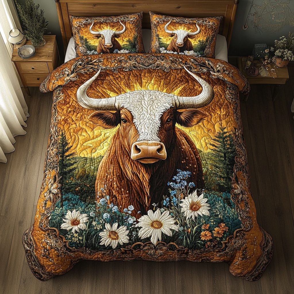 Wild West Charm quilted 3-piece bedding set on a made bed with two matching pillow shams