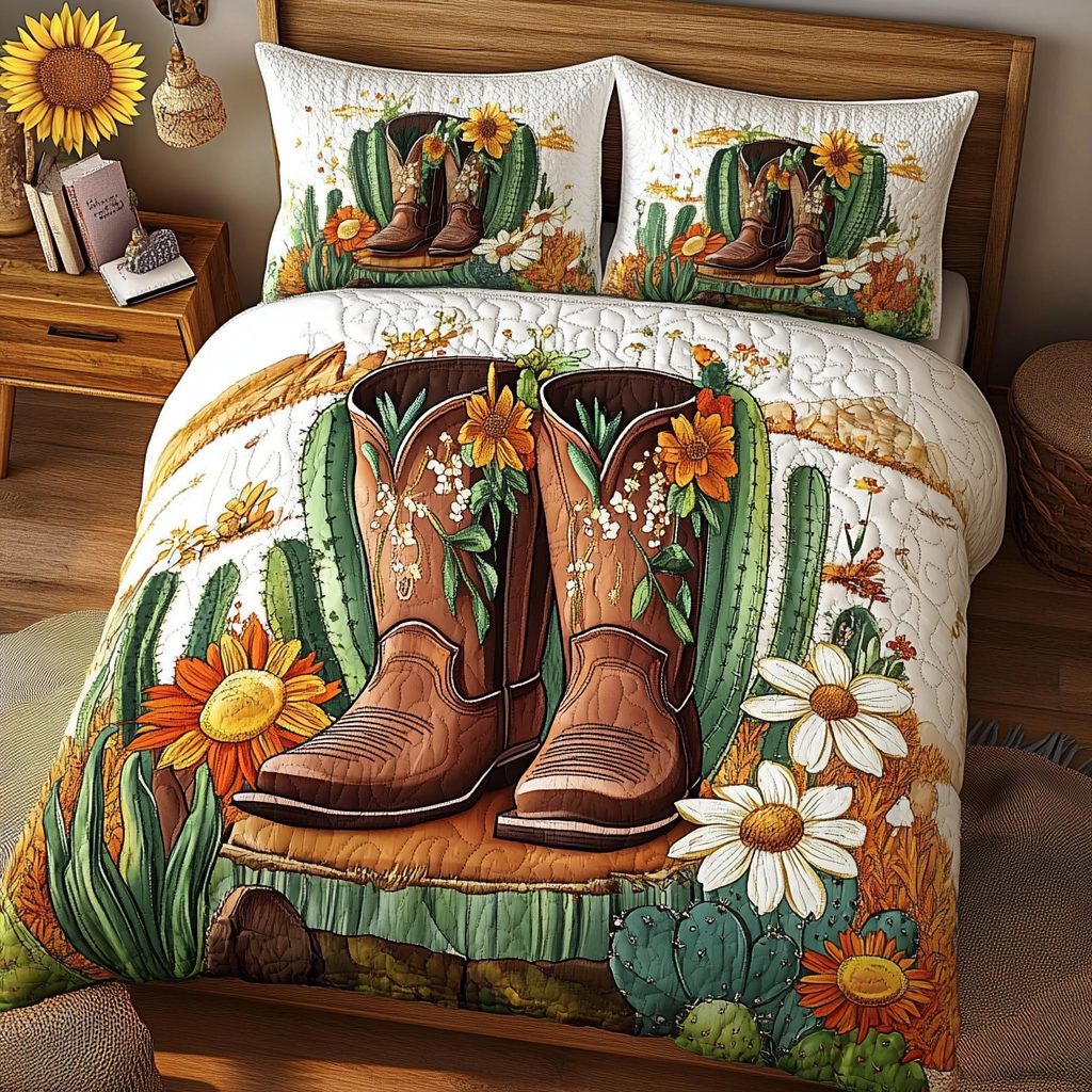 Wild West Escape quilted 3-piece bedding set on a made bed with two matching pillow shams