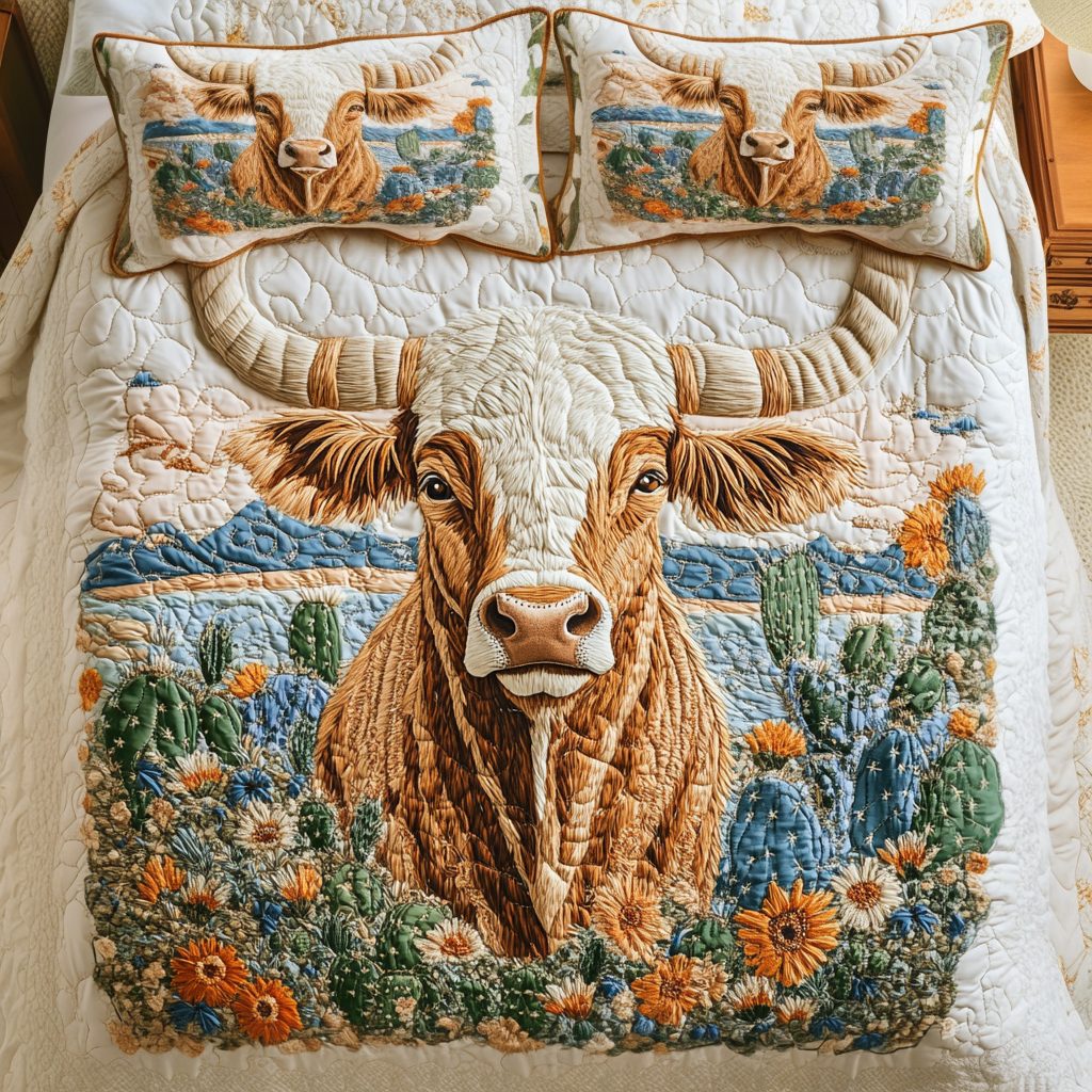 Wild West quilted 3-piece bedding set on a made bed with two matching pillow shams