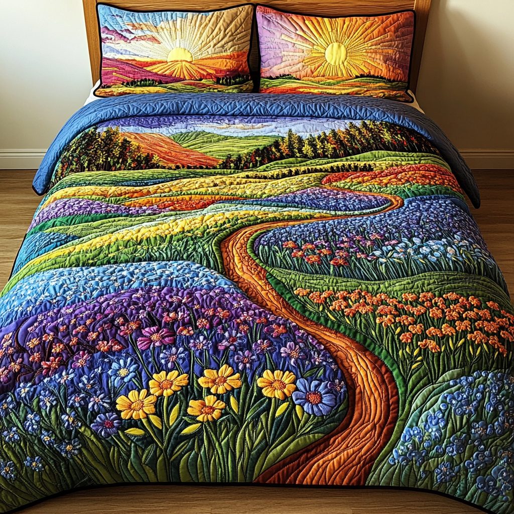 Wild West quilted 3-piece bedding set on a made bed with two matching pillow shams