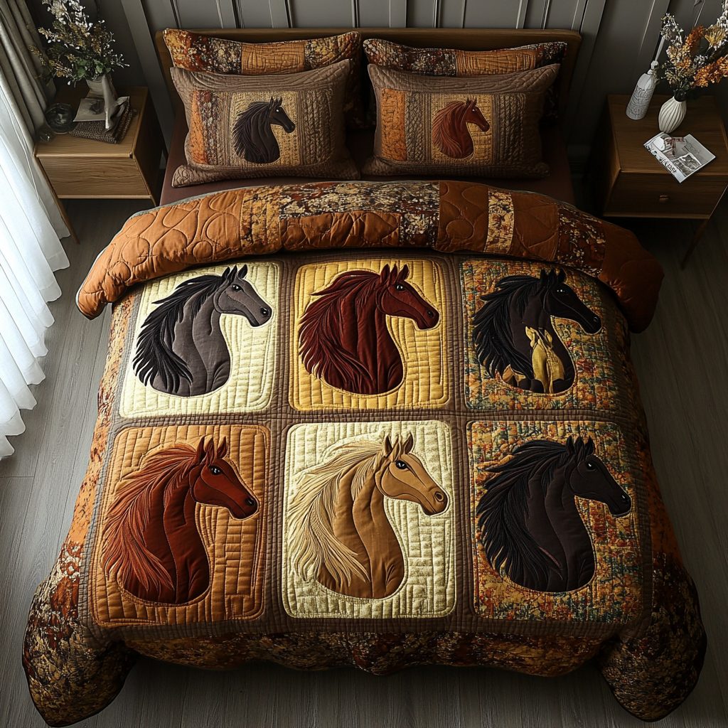 Wild West Spirit quilted 3-piece bedding set on a made bed with two matching pillow shams