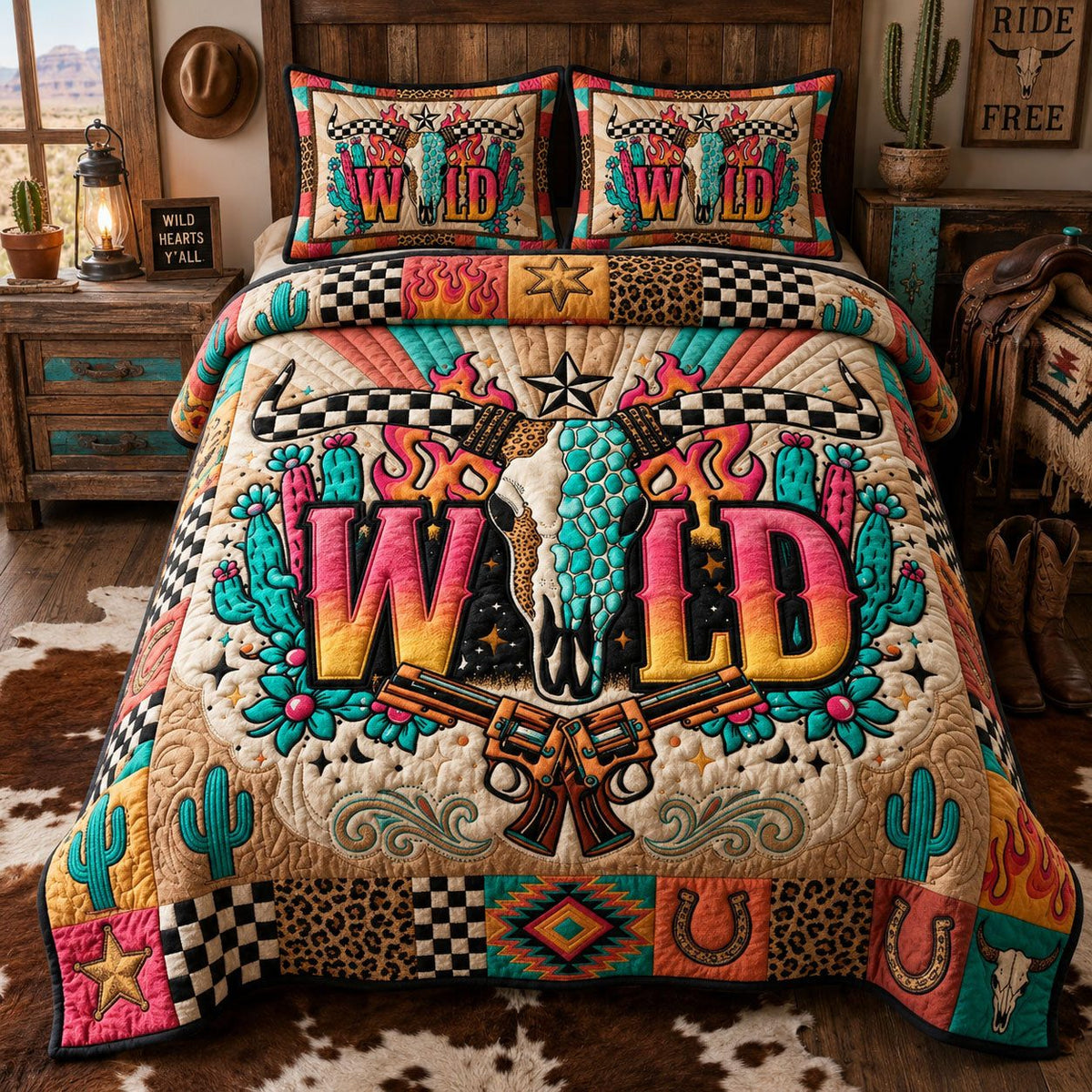 Wild Western Skul quilted 3-piece bedding set on a made bed in a rustic timber bedroom