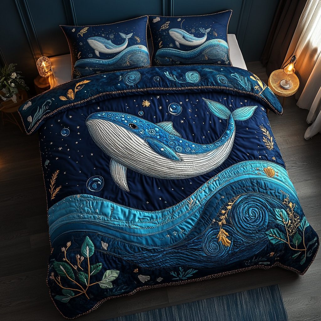 Wild Whale quilted 3-piece bedding set on a made bed in a light coastal bedroom