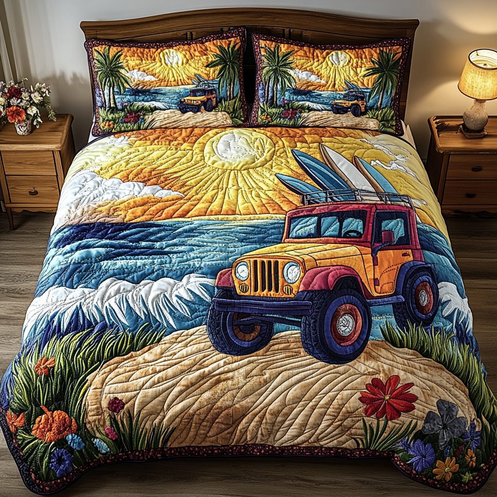 Wild Wheels quilted 3-piece bedding set on a made bed with two matching pillow shams