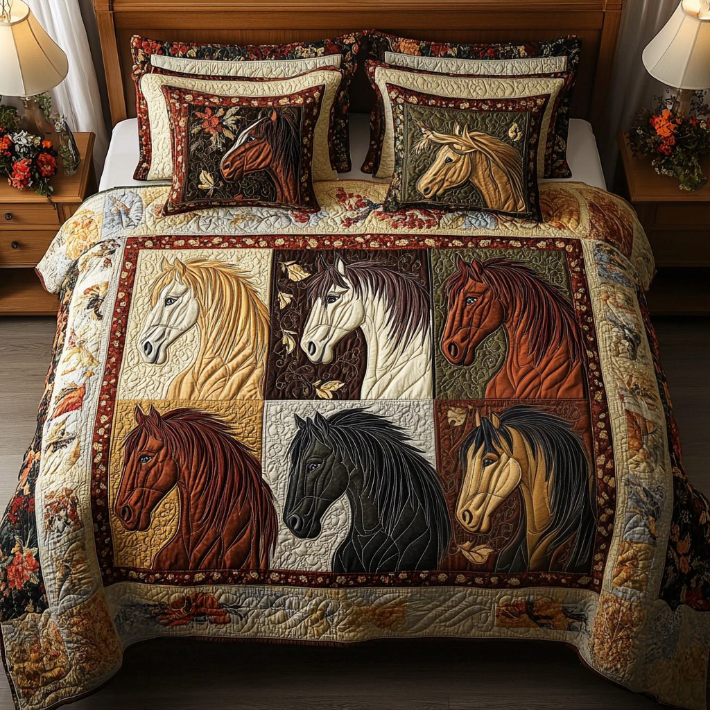 Wild Whispers quilted 3-piece bedding set on a made bed with two matching pillow shams