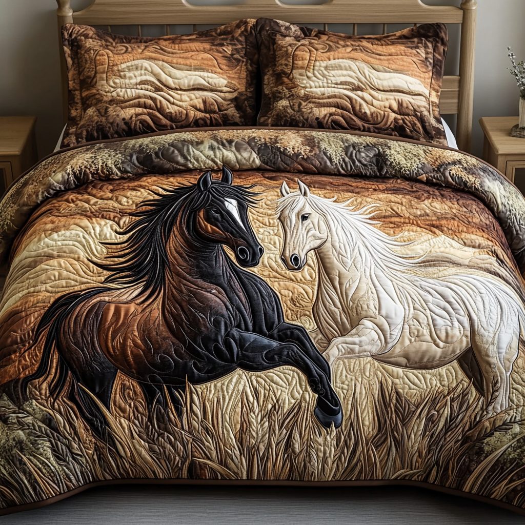 Wild Winds quilted 3-piece bedding set on a made bed with two matching pillow shams