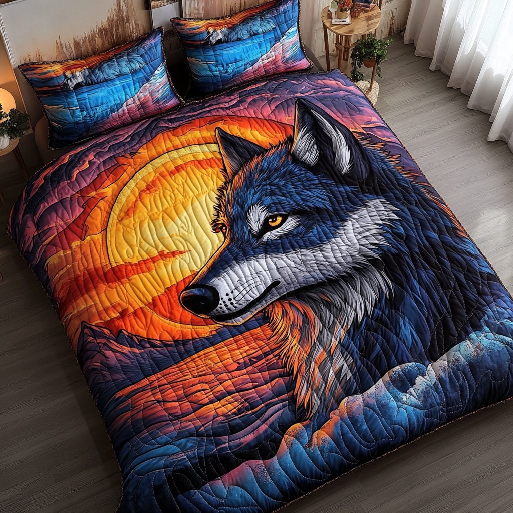 Wild Wolf quilted 3-piece bedding set on a made bed with two matching pillow shams