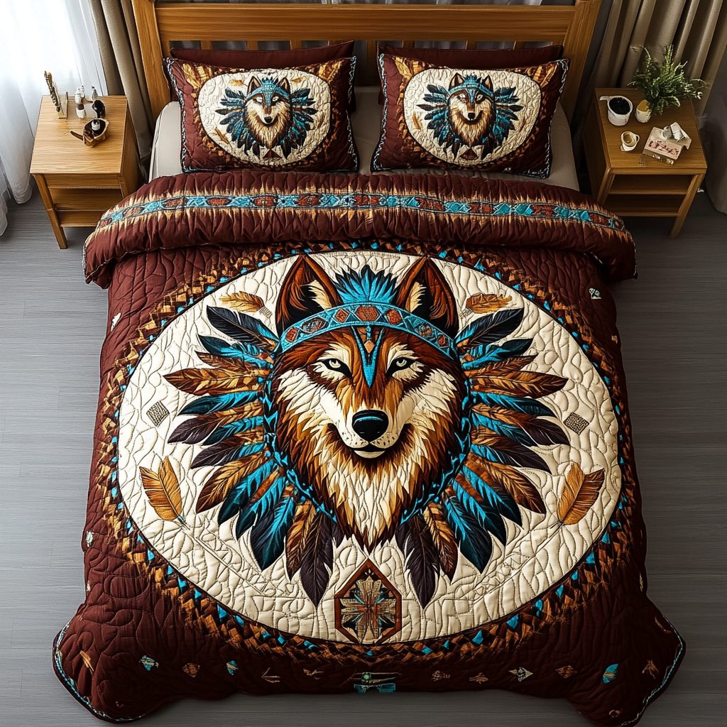 Wild Wolf quilted 3-piece bedding set on a made bed with two matching pillow shams
