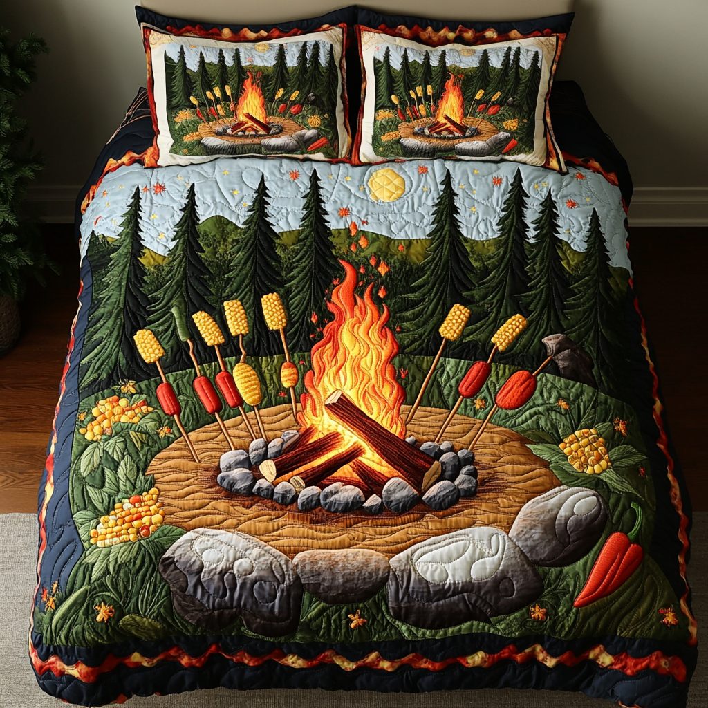 Wilderness Bliss quilted 3-piece bedding set on a made bed with two matching pillow shams