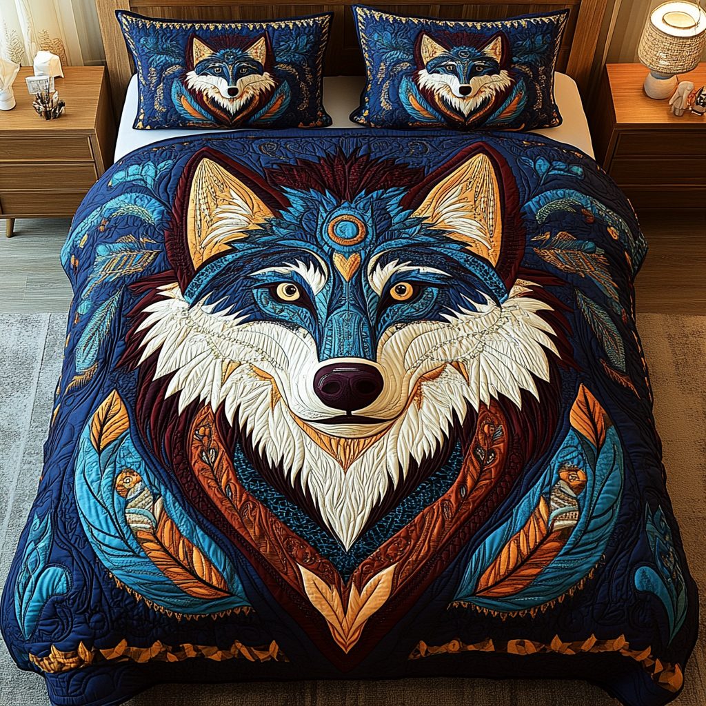 Wilderness Guardian quilted 3-piece bedding set on a made bed with two matching pillow shams
