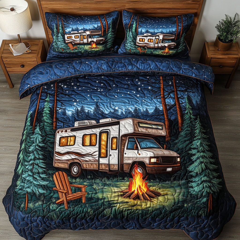Wilderness Journey quilted 3-piece bedding set on a made bed with two matching pillow shams