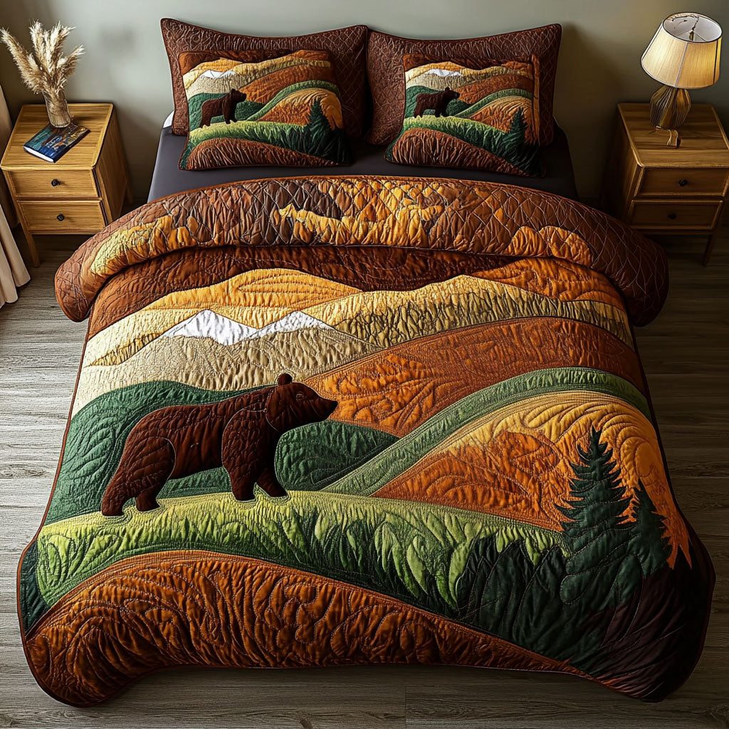 Wilderness Path quilted 3-piece bedding set on a made bed with two matching pillow shams