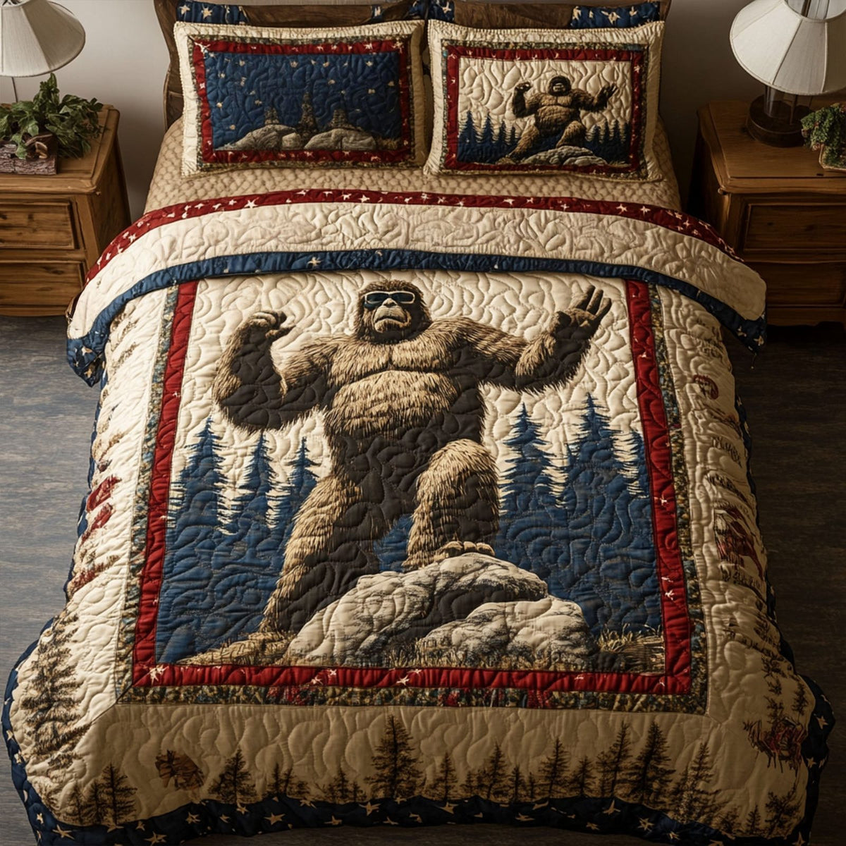 Wilderness Patriot quilted 3-piece bedding set on a made bed in a warmly lit bedroom