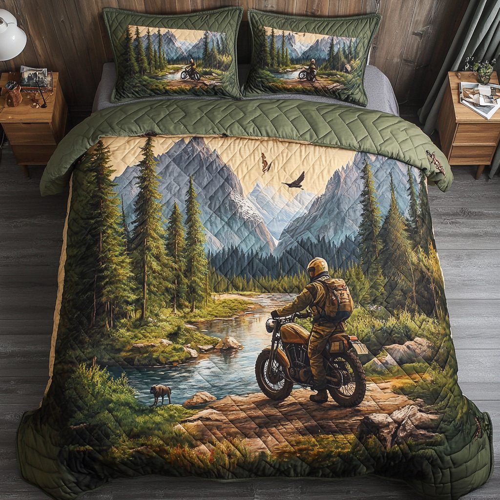 Wilderness Quest quilted 3-piece bedding set on a made bed with two matching pillow shams