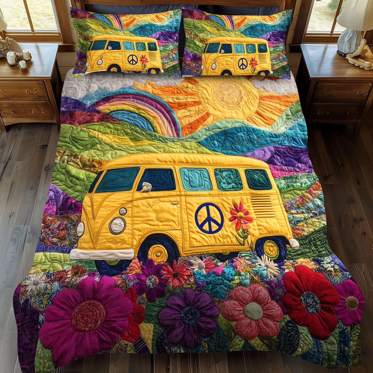 Wilderness Retreat quilted 3-piece bedding set on a made bed with two matching pillow shams