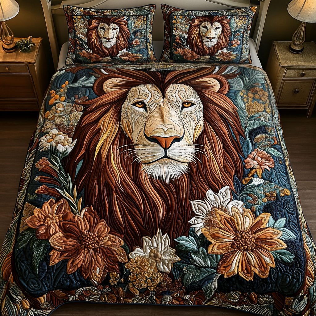 Wilderness Spirit quilted 3-piece bedding set on a made bed with two matching pillow shams