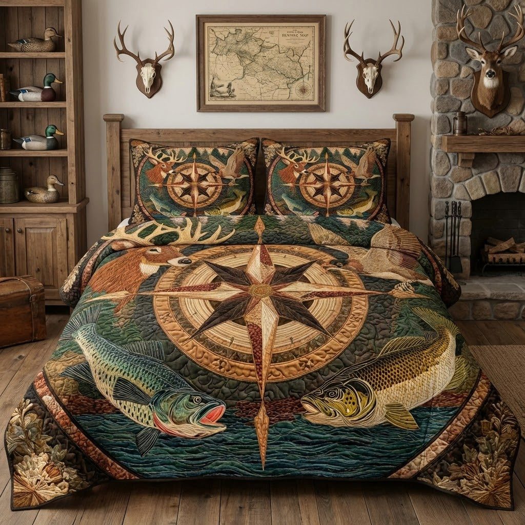Wilderness Trophy quilted 3-piece bedding set on a made bed with two matching pillow shams