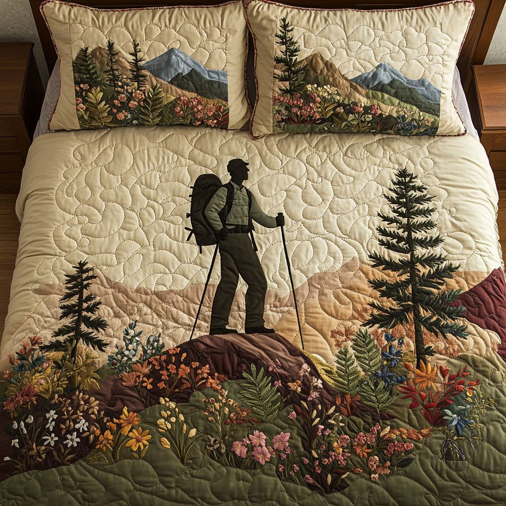 Wilderness Walk quilted 3-piece bedding set on a made bed with two matching pillow shams