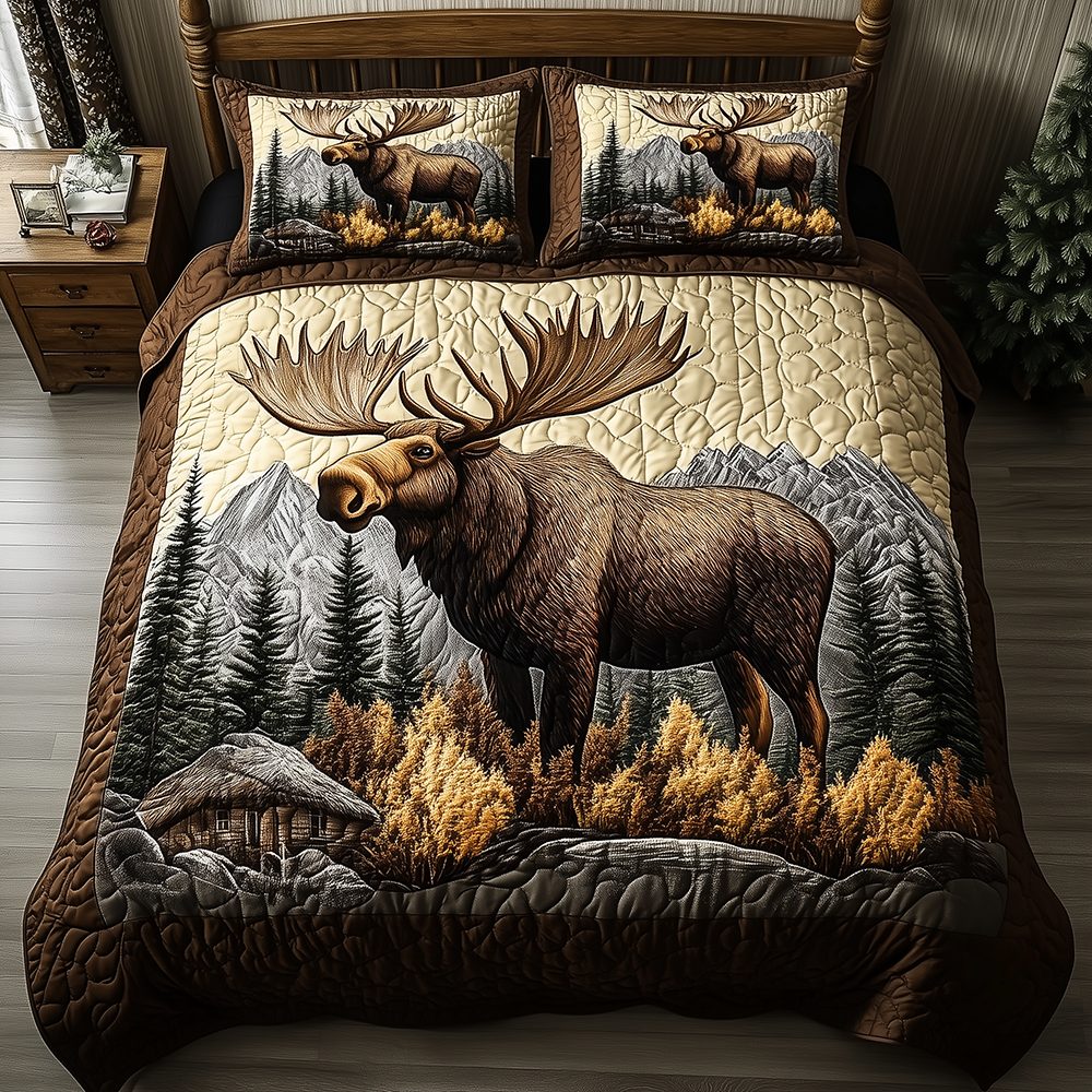 Wilderness Wanderer quilted 3-piece bedding set on a made bed with two matching pillow shams
