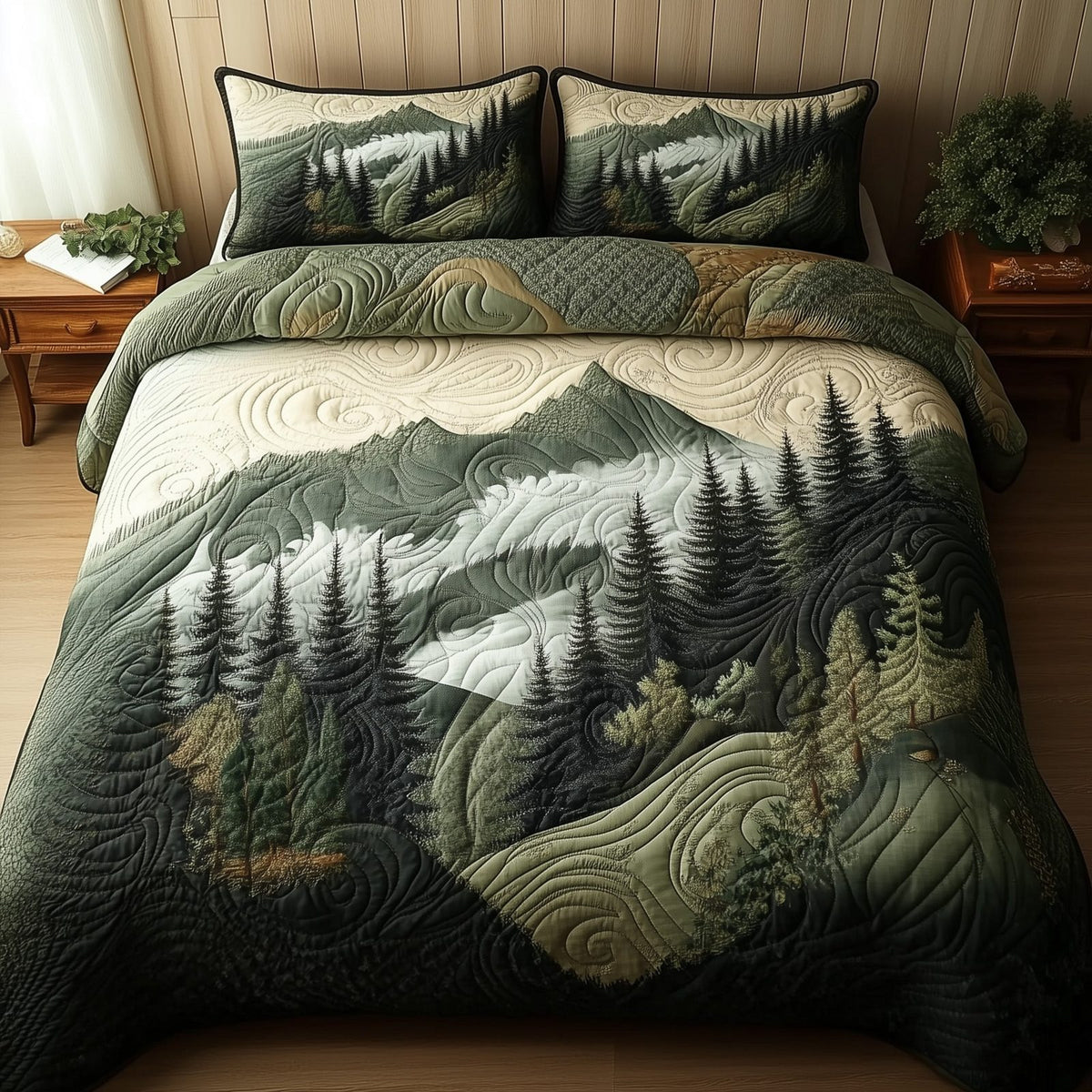 Wildernest Dreams quilted 3-piece bedding set on a made bed with two matching pillow shams