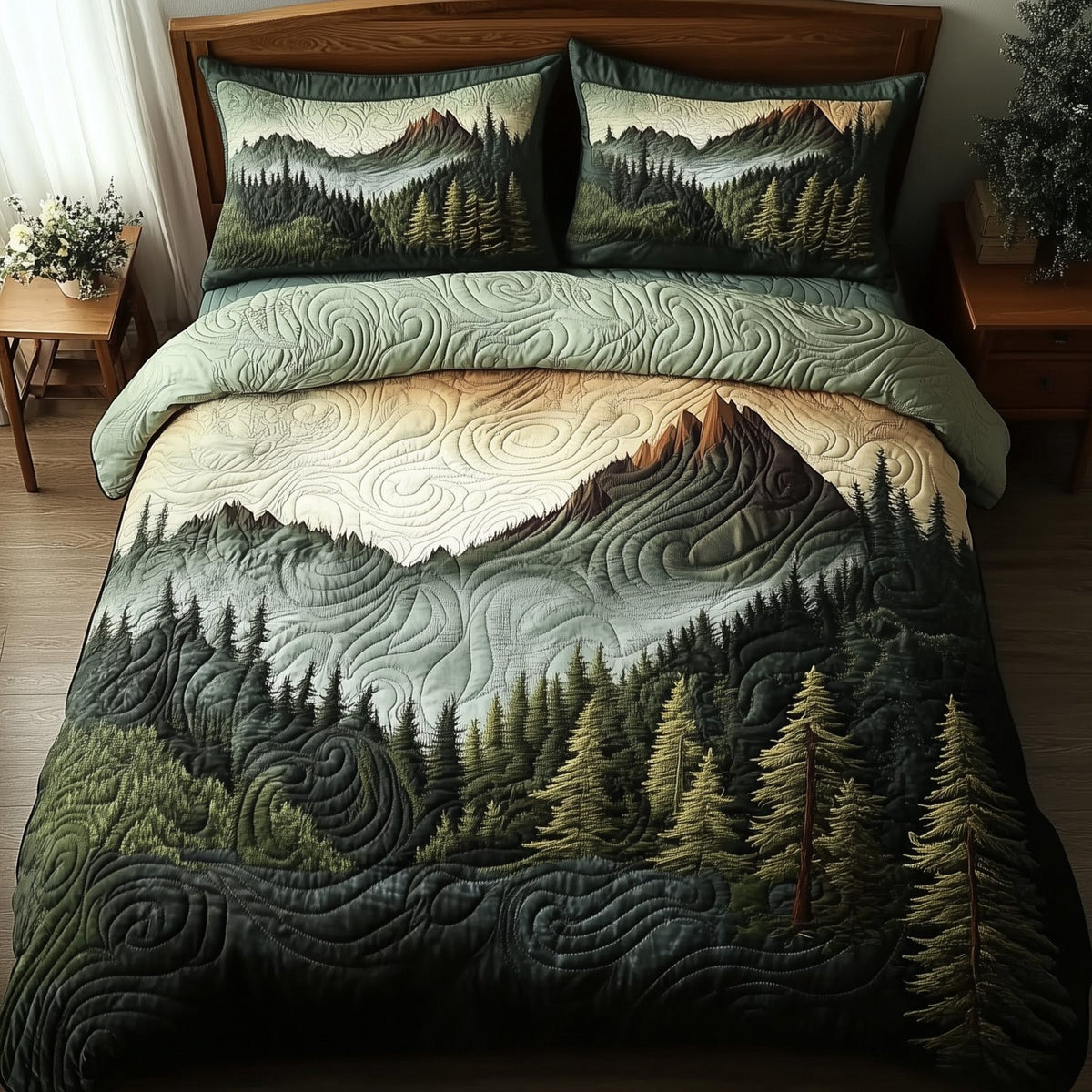 Wildernest Dreams quilted 3-piece bedding set on a made bed with two matching pillow shams