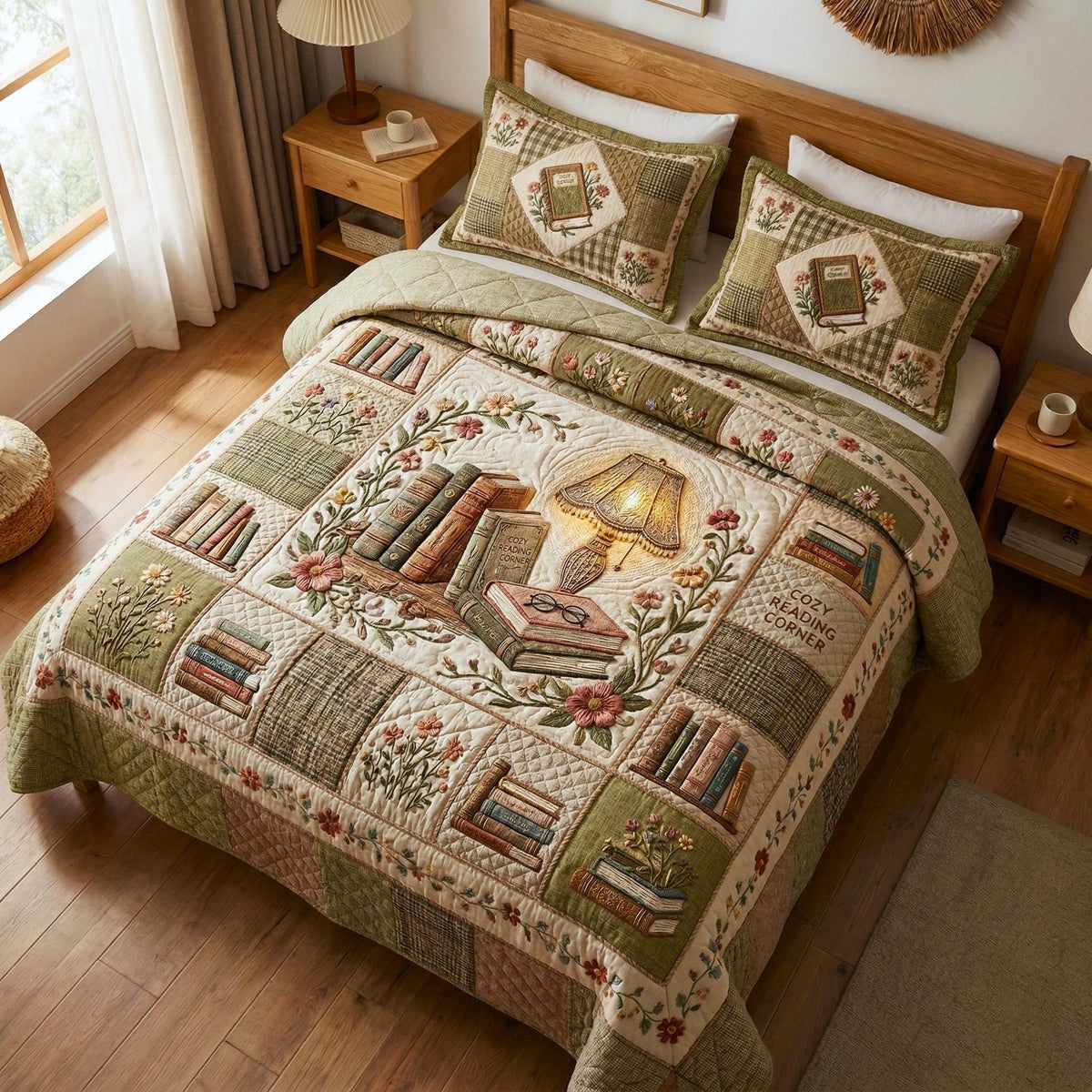 Wildflower Books quilted 3-piece bedding set on a made bed with two matching pillow shams