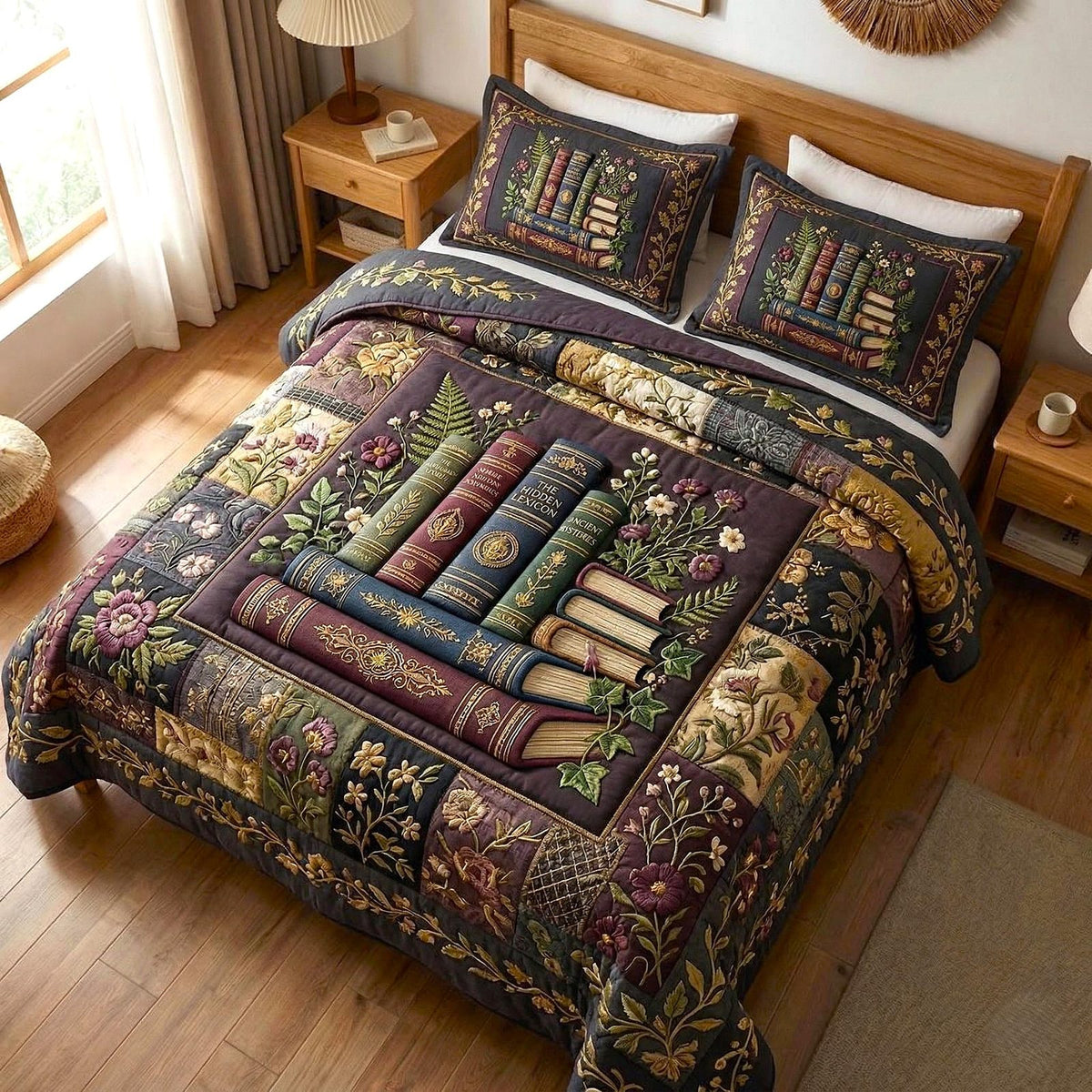 Wildflower Books quilted 3-piece bedding set on a made bed with two matching pillow shams
