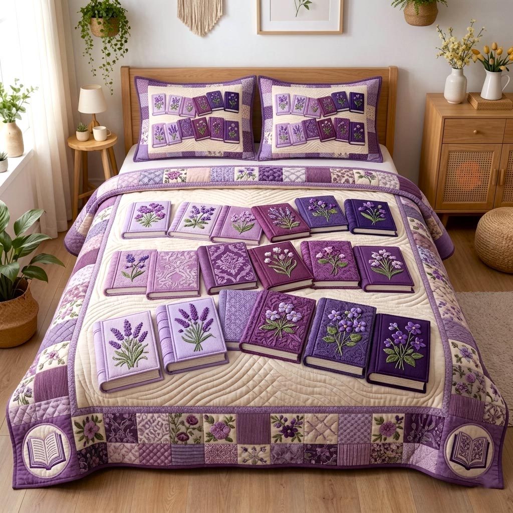 Wildflower Books quilted 3-piece bedding set on a made bed with two matching pillow shams