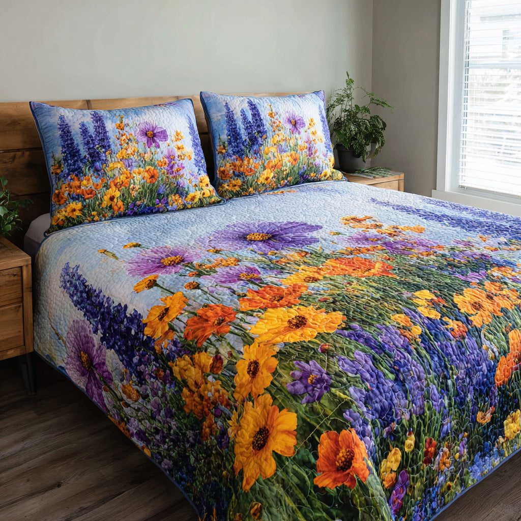 Wildflower Breeze quilted 3-piece bedding set on a made bed with two matching pillow shams