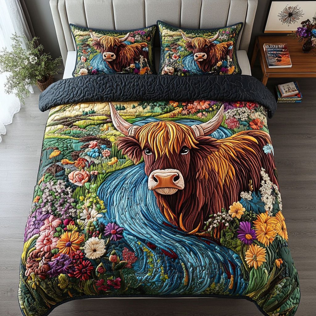 Wildflower Cow Show quilted 3-piece bedding set on a made bed with two matching pillow shams