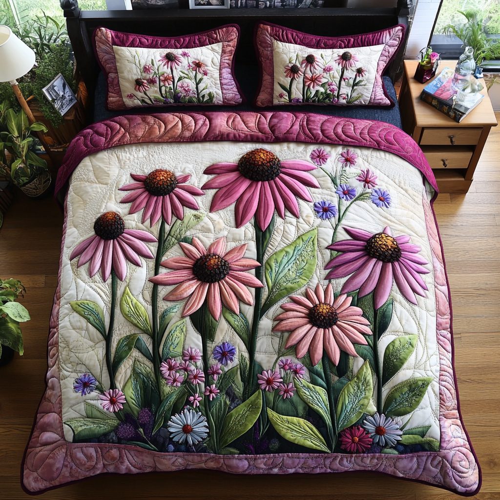 Wildflower Dream quilted 3-piece bedding set on a made bed with two matching pillow shams