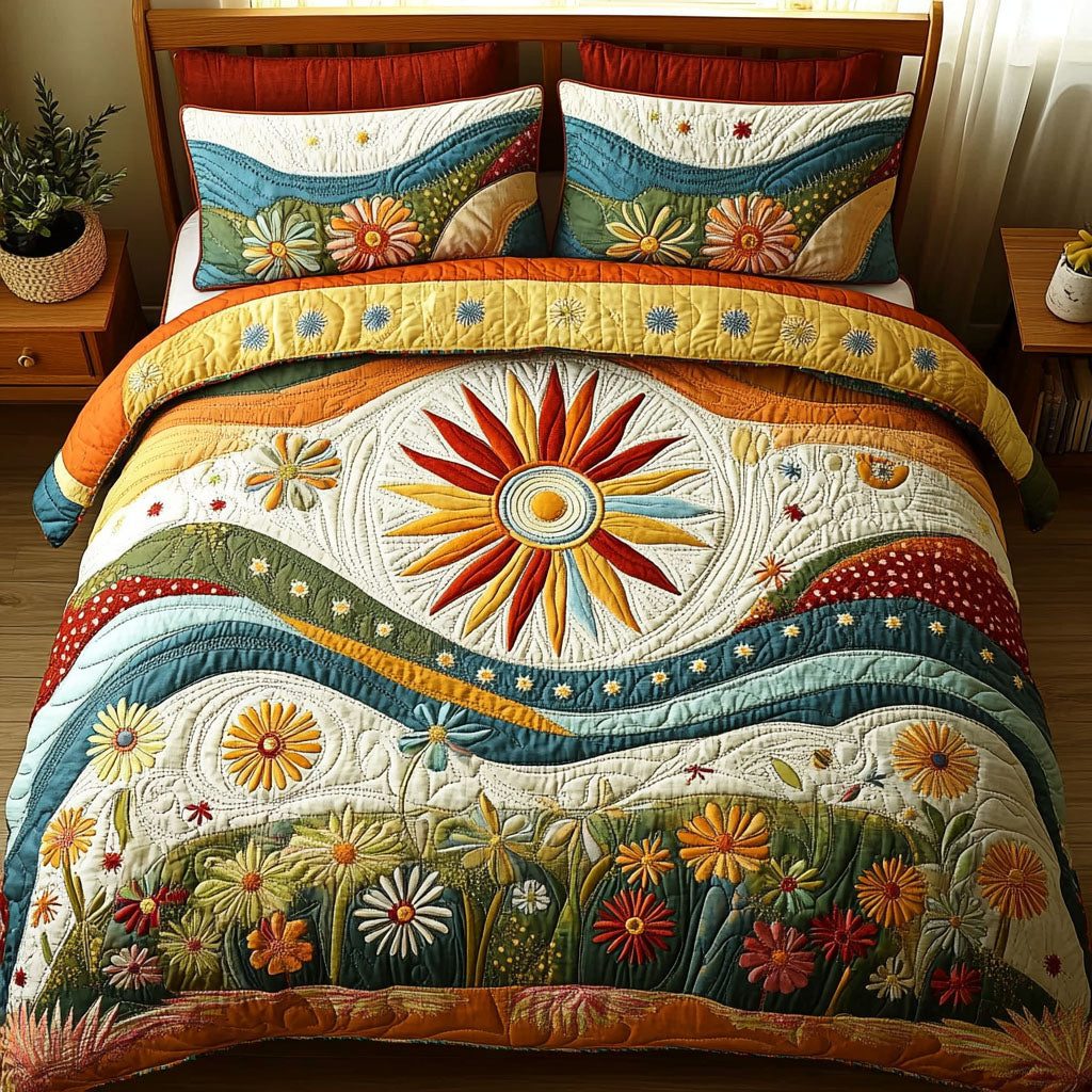 Wildflower Glow quilted 3-piece bedding set on a made bed with two matching pillow shams