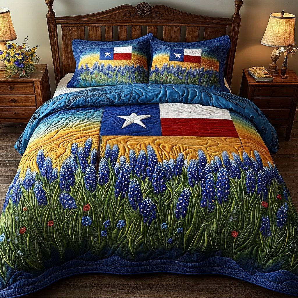 Wildflower Journey quilted 3-piece bedding set on a made bed with two matching pillow shams