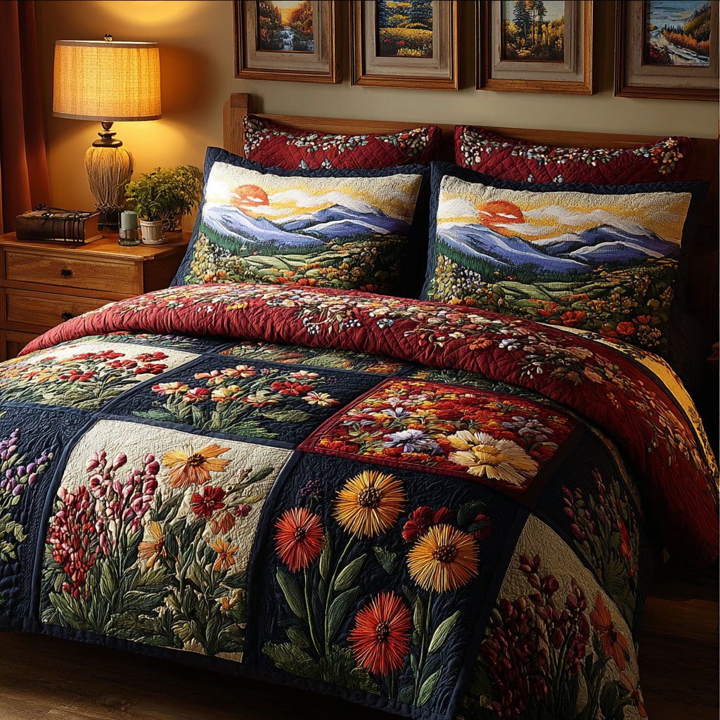 Wildflower Patch quilted 3-piece bedding set on a made bed with two matching pillow shams
