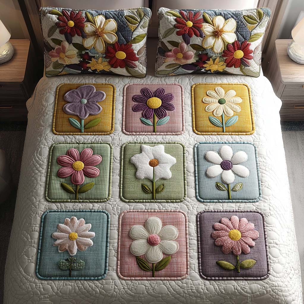 Wildflower Patch quilted 3-piece bedding set on a made bed with two matching pillow shams