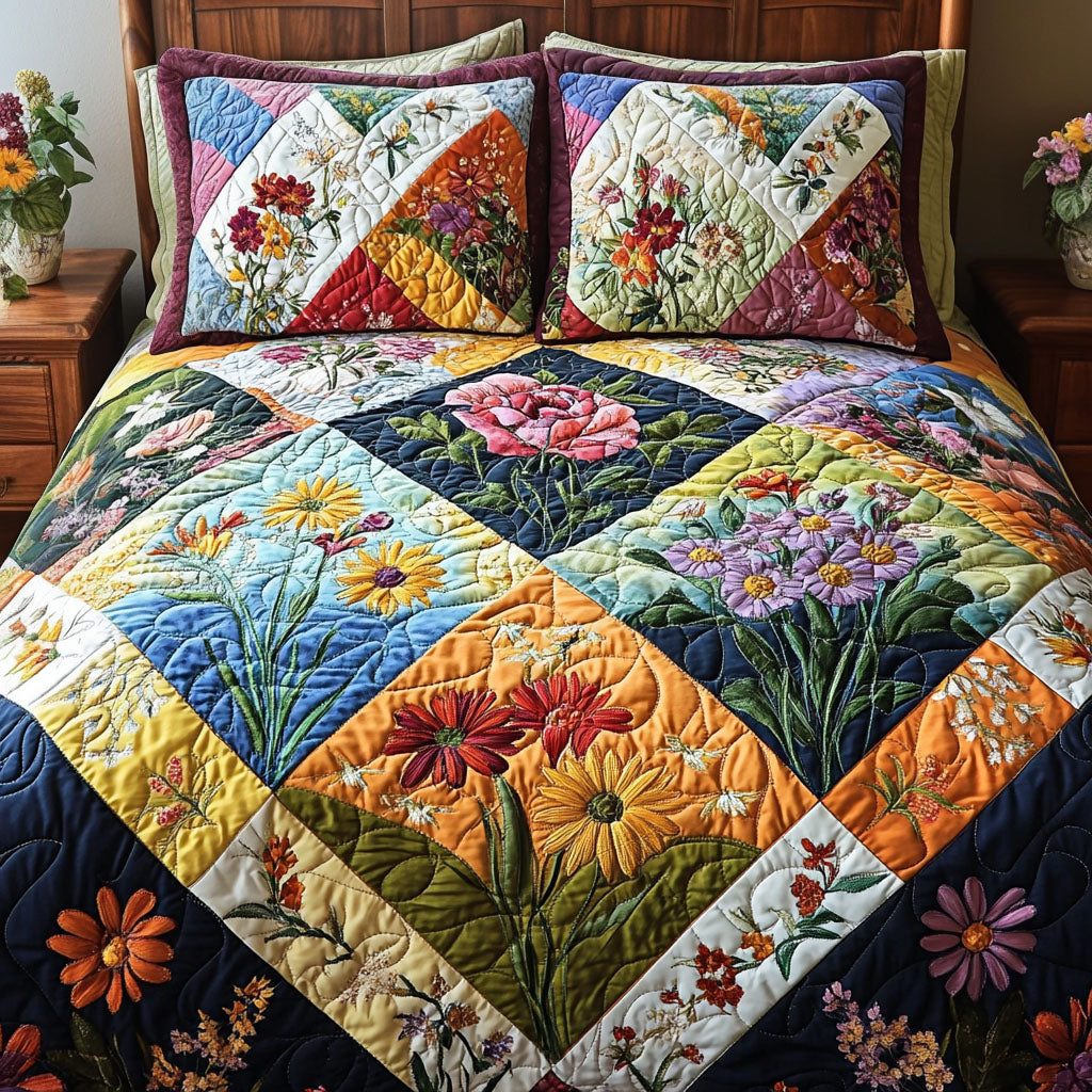 Wildflower Patch quilted 3-piece bedding set on a made bed with two matching pillow shams