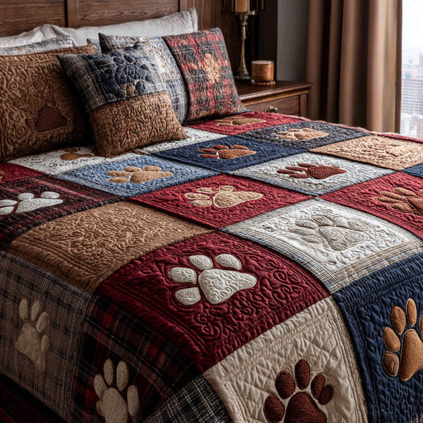 Wildflower Paws quilted 3-piece bedding set on a made bed with two matching pillow shams