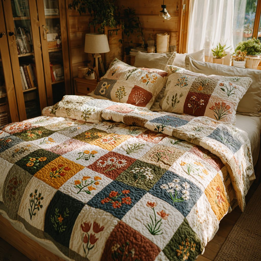 Wildflower Quilt quilted 3-piece bedding set on a made bed with two matching pillow shams
