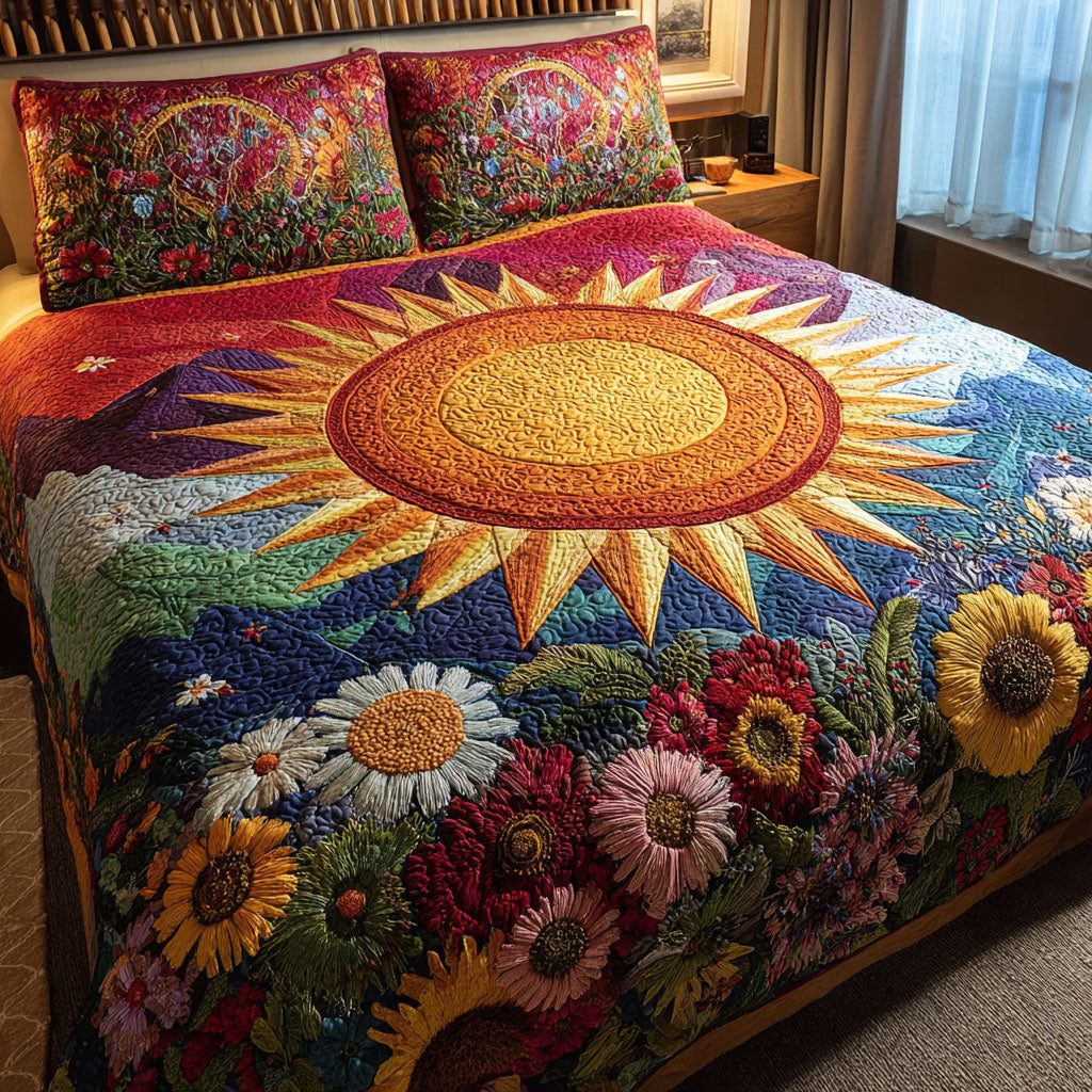 Wildflower Rise quilted 3-piece bedding set on a made bed with two matching pillow shams