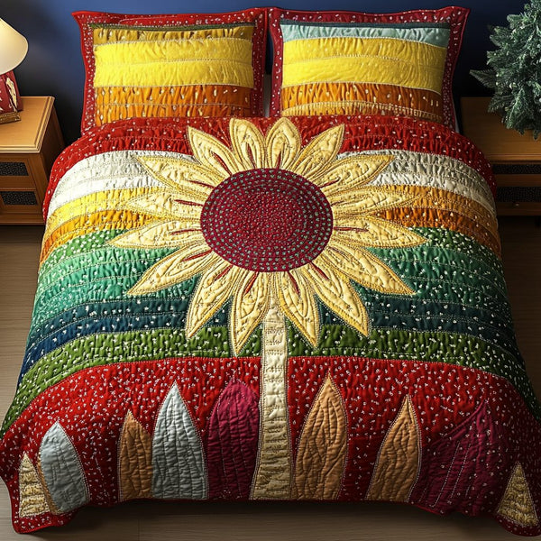Wildflower Whimsy quilted 3-piece bedding set on a made bed with two matching pillow shams