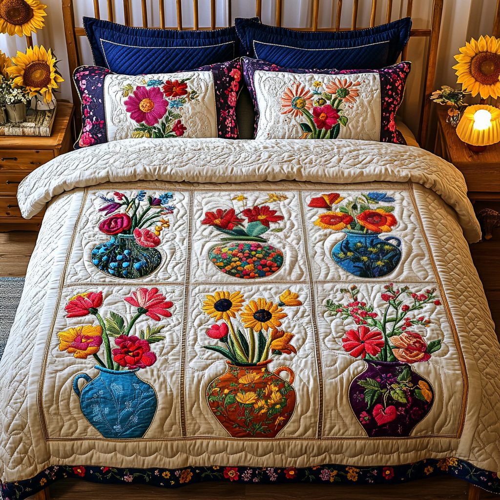 Wildflower Whispers quilted 3-piece bedding set on a made bed with two matching pillow shams