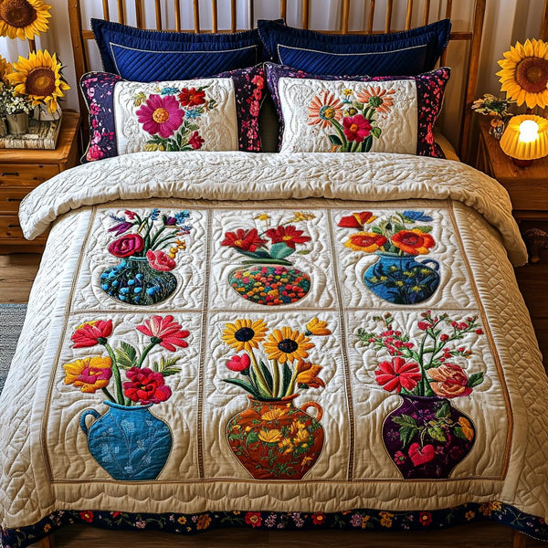 Wildflower Whispers quilted 3-piece bedding set on a made bed with two matching pillow shams