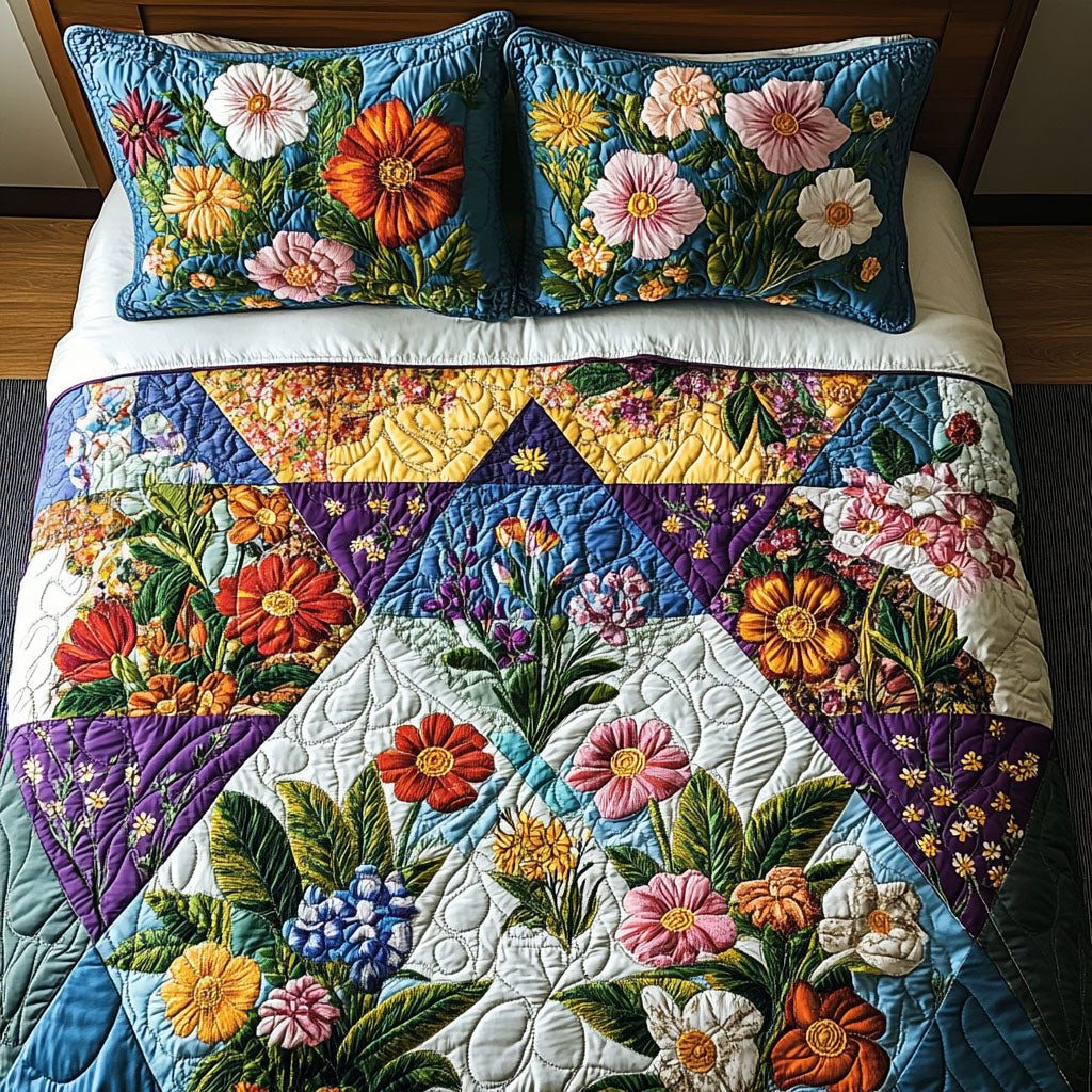Wildflower Wonder quilted 3-piece bedding set on a made bed with two matching pillow shams