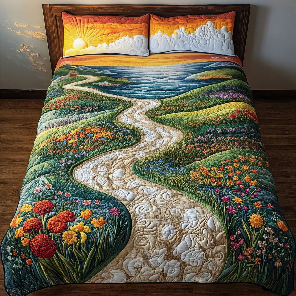 Wildflower Wonderland quilted 3-piece bedding set on a made bed with two matching pillow shams