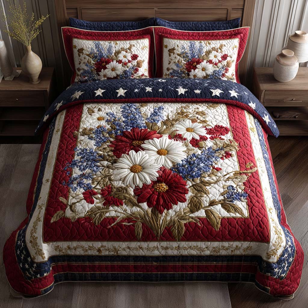 Wildwood Charm quilted 3-piece bedding set on a made bed with two matching pillow shams