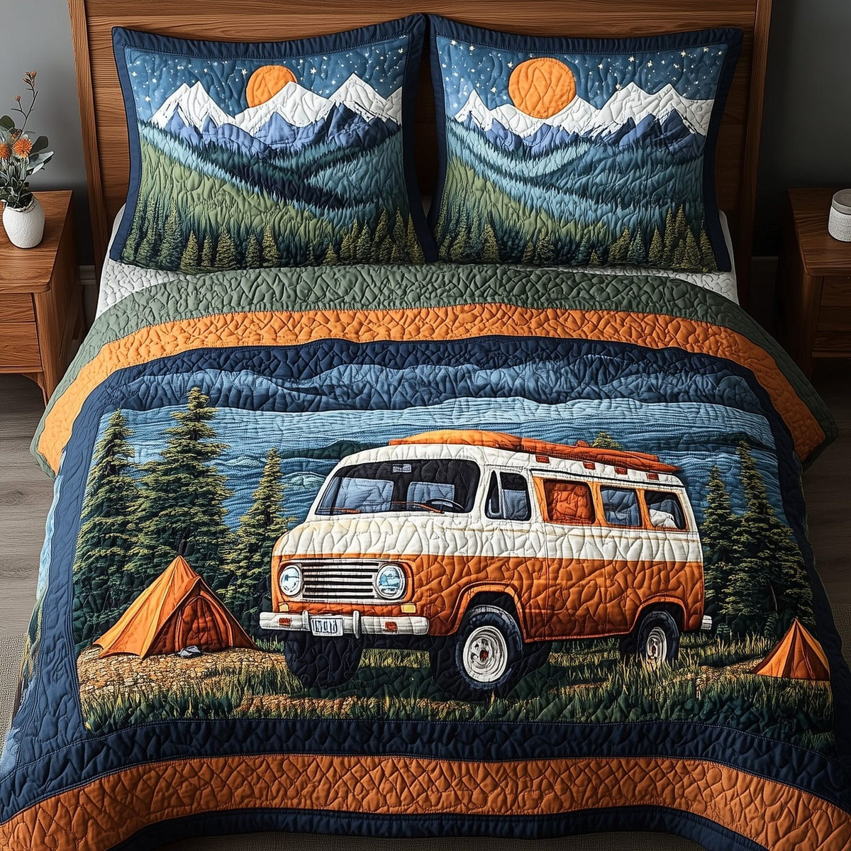 Wildwood Hideaway quilted 3-piece bedding set on a made bed with two matching pillow shams