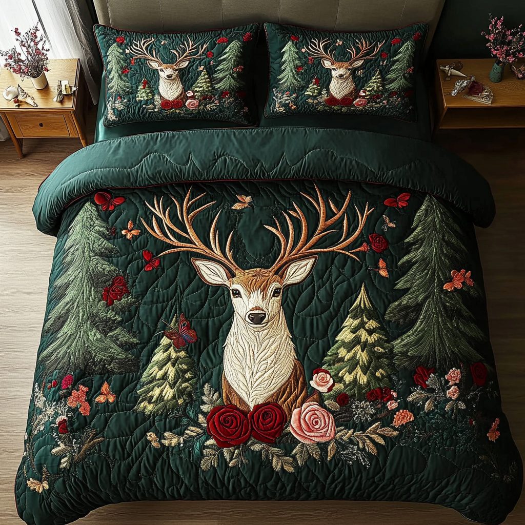 Wildwood Spirit quilted 3-piece bedding set on a made bed with two matching pillow shams